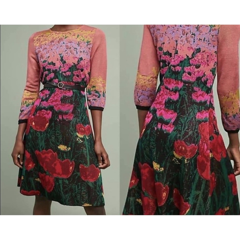 Anthropologie Aldomartins Wool Blend Floral Sweater Knit Midi Dress S Fairycore - Picture 1 of 16